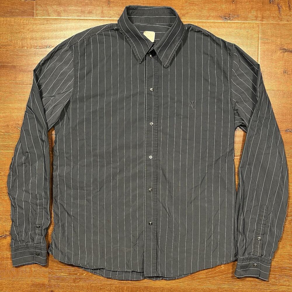 Vintage Versace Jeans Couture Snap Button Shirt Mens L Black Stripe Woven VTG
